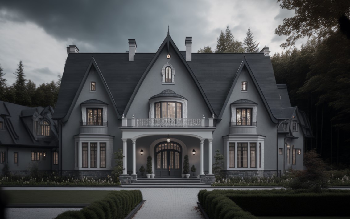 dark gray house with white trim