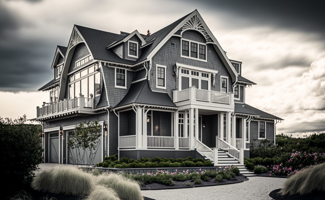dark gray house with white trim