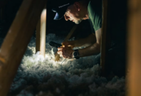 Inspector with a headlamp examining blown-in insulation between attic joists.