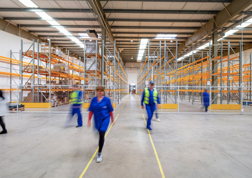 A commercial warehouse with workers.